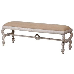Upholstered rope effect carved bench